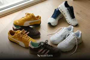 Sneakers tendance 2026, Puma Speedcat, Adidas Gazelle Indoor, On Cloudtilt et Saucony ProGrid Omni 9 posées en désordre sur un parquet en chêne clair.