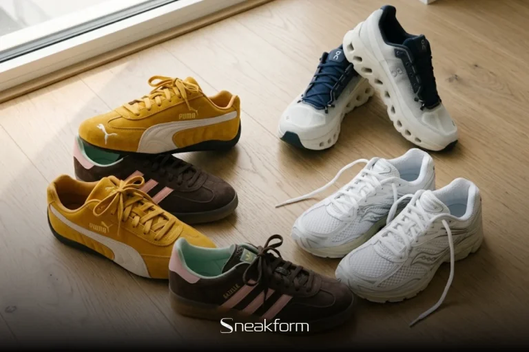 Sneakers tendance 2026, Puma Speedcat, Adidas Gazelle Indoor, On Cloudtilt et Saucony ProGrid Omni 9 posées en désordre sur un parquet en chêne clair.