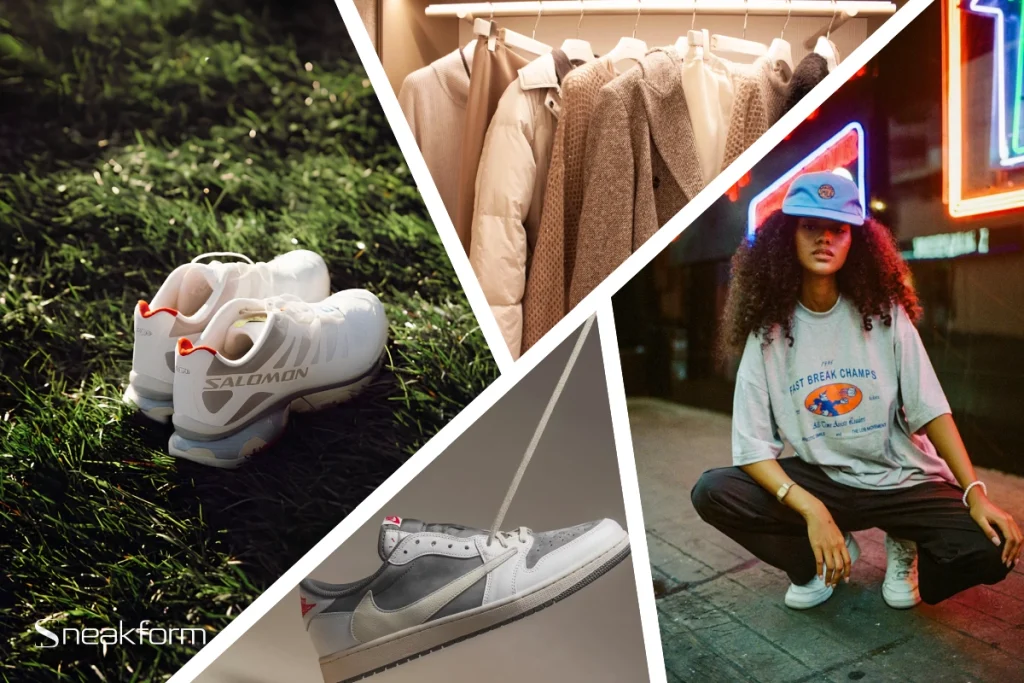 Mode et style tendances : sneakers de trail dans l'herbe, portant de manteaux beiges, Travis Scott Air Jordan 1 Low Grey, silhouette streetwear sous les néons.