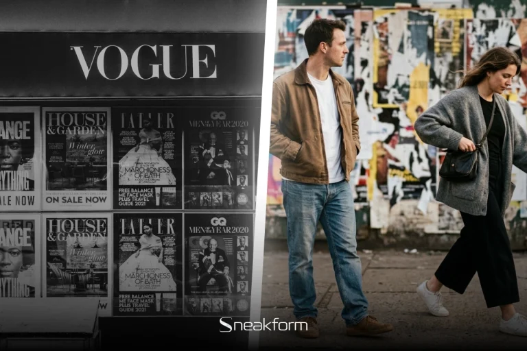 Mode et style, kiosque à magazines de mode en noir et blanc et passants en tenues neutres devant un mur d'affiches déchirées.