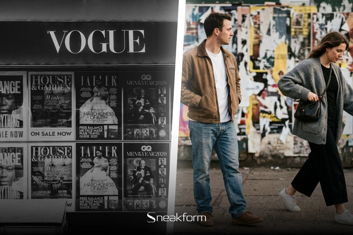 Mode et style, kiosque à magazines de mode en noir et blanc et passants en tenues neutres devant un mur d'affiches déchirées.