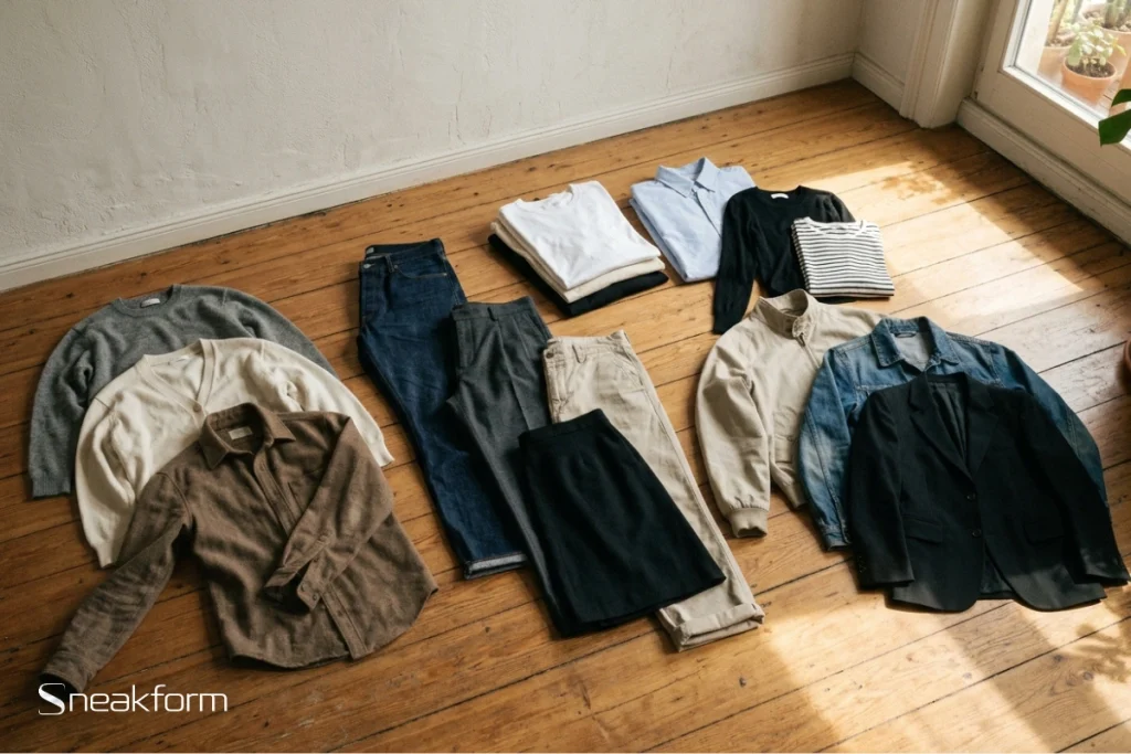 Les pièces d'une garde-robe capsule disposées par fonction au sol, jean brut, pantalon à pinces, jupe noire, tee-shirts, maille grise et blouson beige.
