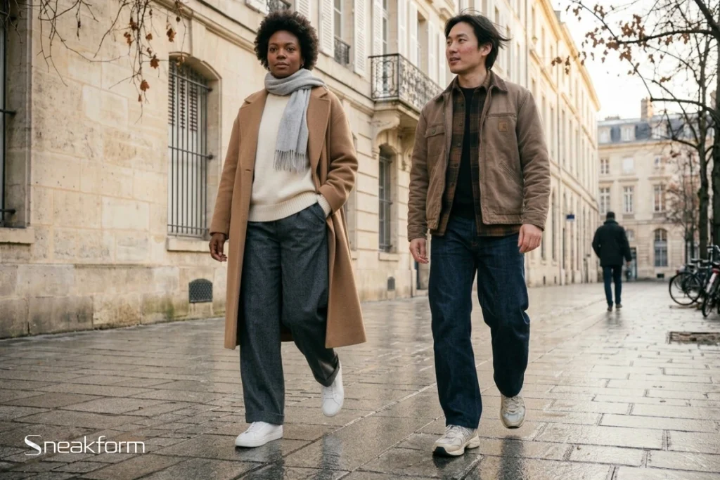 Tenues d'hiver issues d'une garde-robe capsule, manteau camel sur maille écrue et veste de travail brune sur jean large, portées en ville.