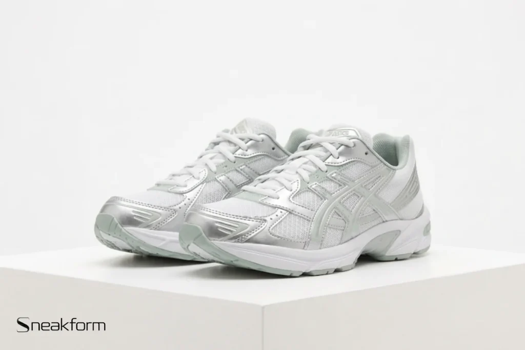 Sneakers tendance 2026, Asics Gel-1130 blanche et argentée, modèle rétro running.