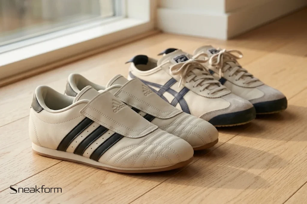 Sneakers tendance 2026, Adidas Taekwondo et Onitsuka Tiger Mexico 66 posées sur un parquet près d'une fenêtre, silhouettes fines et basses.