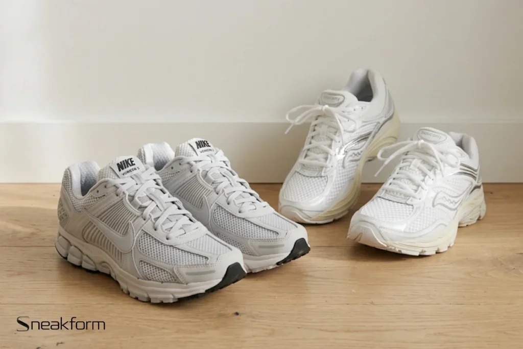Sneakers tendance 2026, Nike Vomero 5 et Saucony ProGrid Omni 9 au pied d'un mur blanc, deux modèles rétro running.