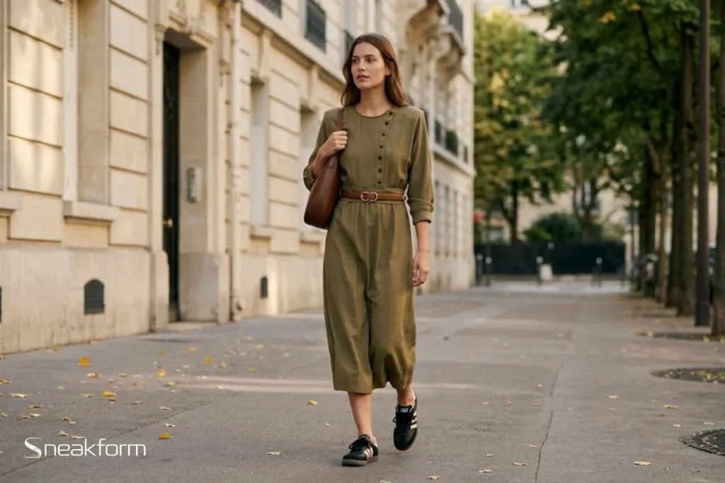 Look automne début de saison, femme en robe midi kaki fluide ceinturée de cuir cognac, sac hobo en cuir marron, Adidas Samba OG noires et semelle gomme, rue parisienne aux premières feuilles mortes.