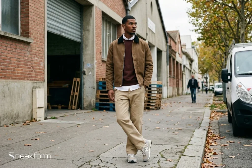 Look automne plein saison homme, veste de travail brune à col en velours noir sur sweat bordeaux et chemise oxford blanche, pantalon carpenter beige, New Balance 574 grises, rue d’ateliers.