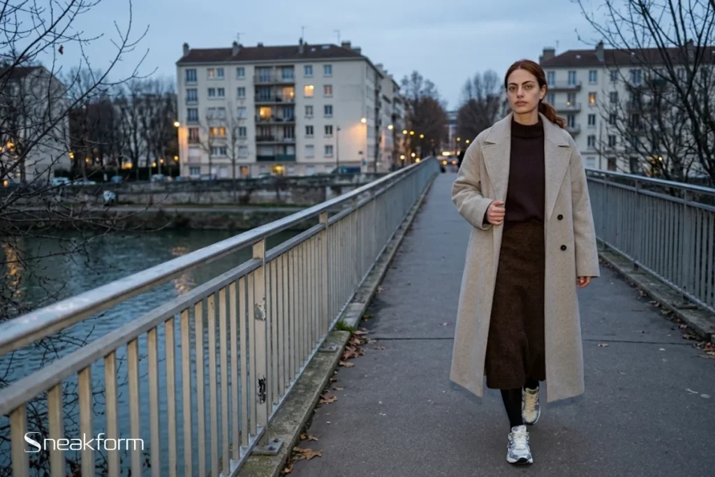 Look automne fin de saison, femme en manteau long oversize greige sur pull col montant prune et jupe midi en maille chocolat, collants noirs, Asics Gel-Kayano 14 crème et argent, passerelle en ville à la tombée du jour.