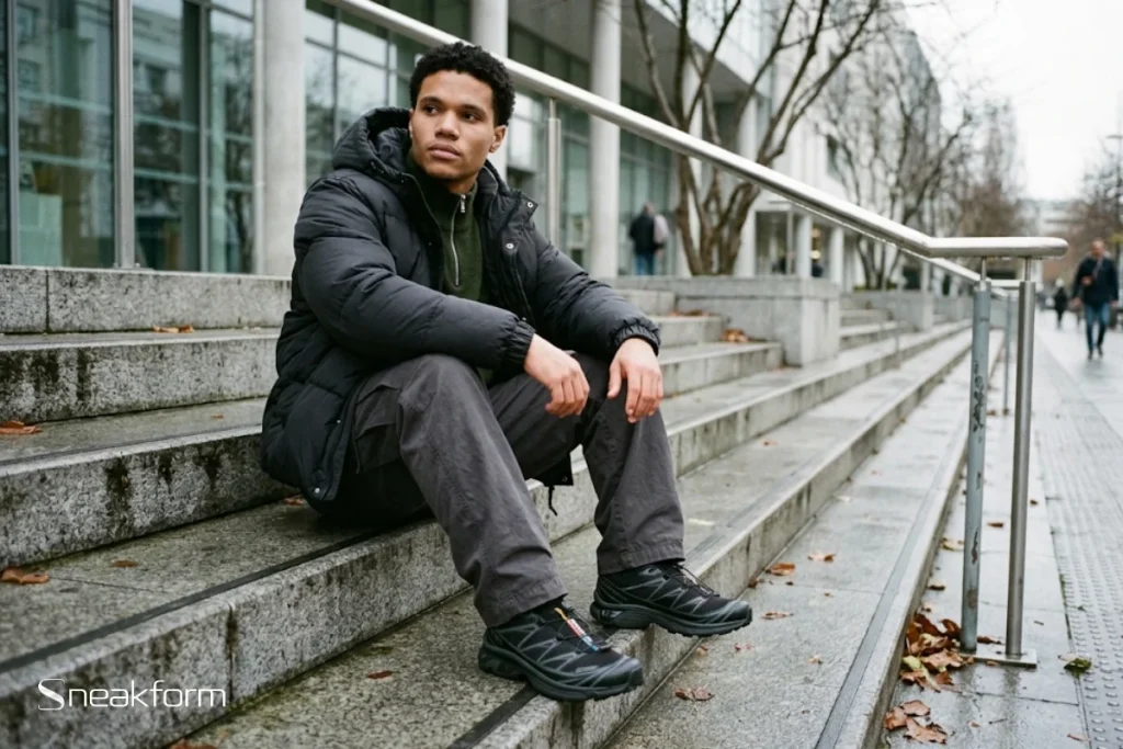 Look automne fin de saison homme, doudoune courte noire ouverte sur pull camionneur vert forêt, cargo ample gris anthracite, Salomon XT-6 Gore-Tex noires, assis sur des marches en béton.