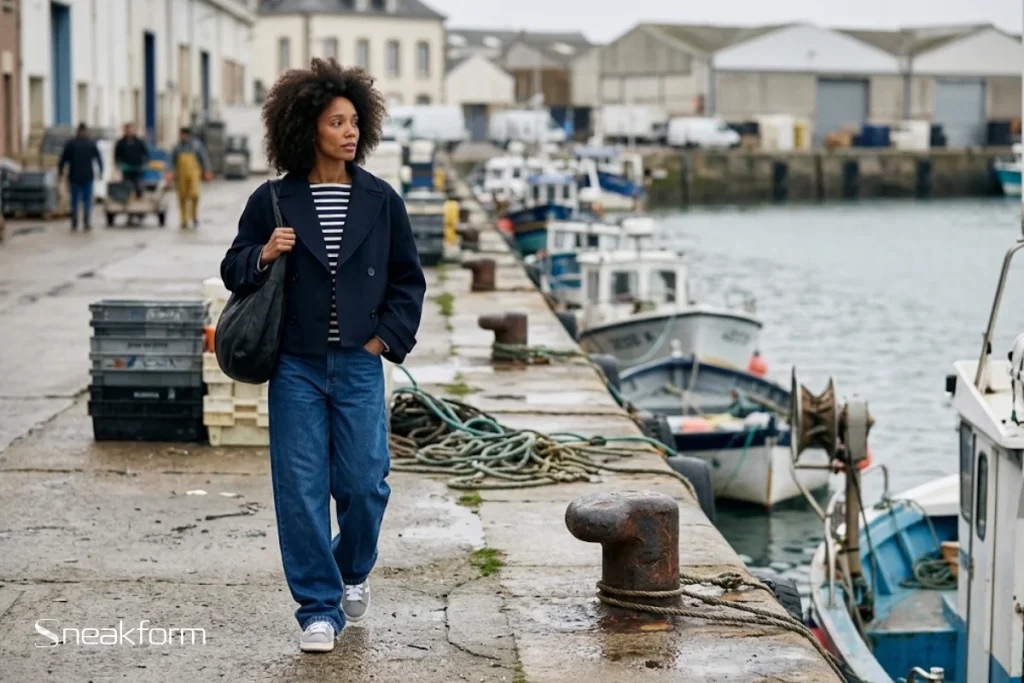 Look automne fin de saison, femme en caban court bleu marine ouvert sur marinière, jean baggy indigo, sac en cuir noir, Adidas Campus 00s grises, quai d’un port de pêche.