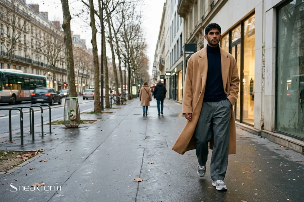 Look automne fin de saison homme, manteau long camel ouvert sur col roulé marine, pantalon large à chevrons gris, New Balance 2002R grises, trottoir de boulevard en fin d’après-midi.