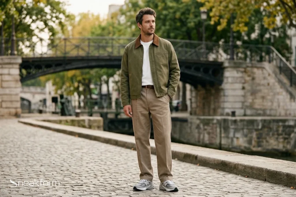 Look automne début de saison homme, veste de travail olive à col en daim marron ouverte sur tee-shirt blanc, chino plissé taupe, New Balance 990v6 grises, bord du canal Saint-Martin.
