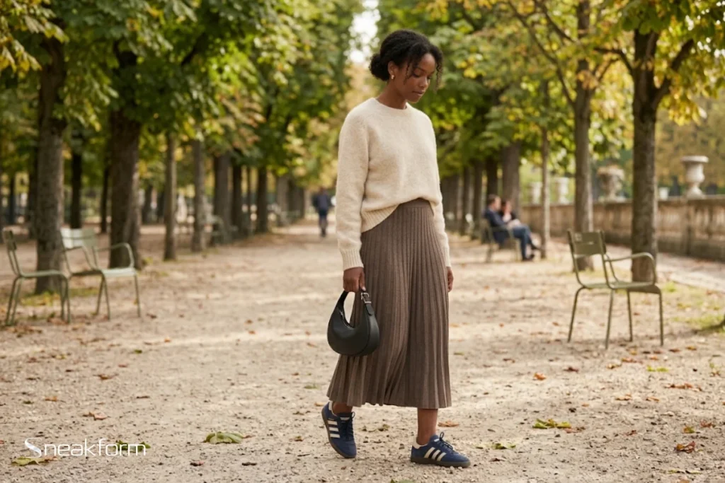Look automne début de saison, femme en pull Shetland écru et jupe midi plissée en maille taupe, sac demi-lune en cuir noir, Adidas Handball Spezial bleu marine, allée d’un jardin parisien.