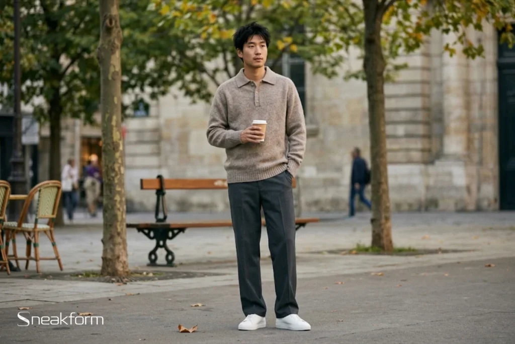 Look automne début de saison homme, polo en maille taupe chiné, pantalon de tailleur gris anthracite, Axel Arigato Clean 90 blanches, place parisienne sous les platanes.