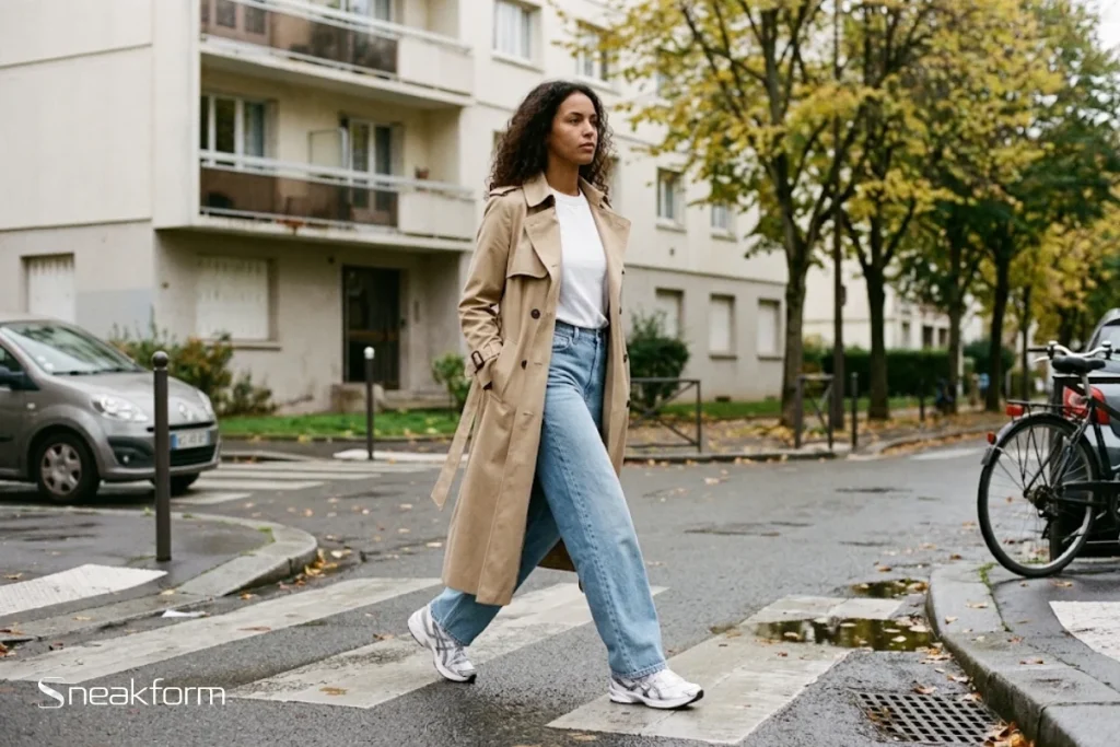 Look automne début de saison, femme en trench beige ouvert sur tee-shirt blanc, jean large bleu clair, Asics Gel-1130 blanches et argent, rue résidentielle après la pluie.