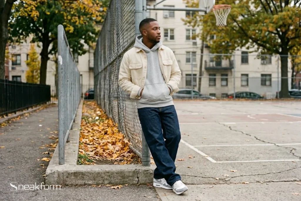 Look automne plein saison homme, surchemise courte en toile crème ouverte sur hoodie gris chiné, jean ample en denim brut, Nike Air Max 1 blanches et grises, terrain de basket en bord de parc.