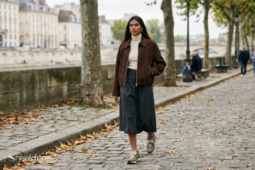 Look automne plein saison, femme en blouson court en daim chocolat sur col roulé crème, jupe midi en laine gris anthracite, New Balance 1906 grises et brunes, quai pavé bordé de platanes.
