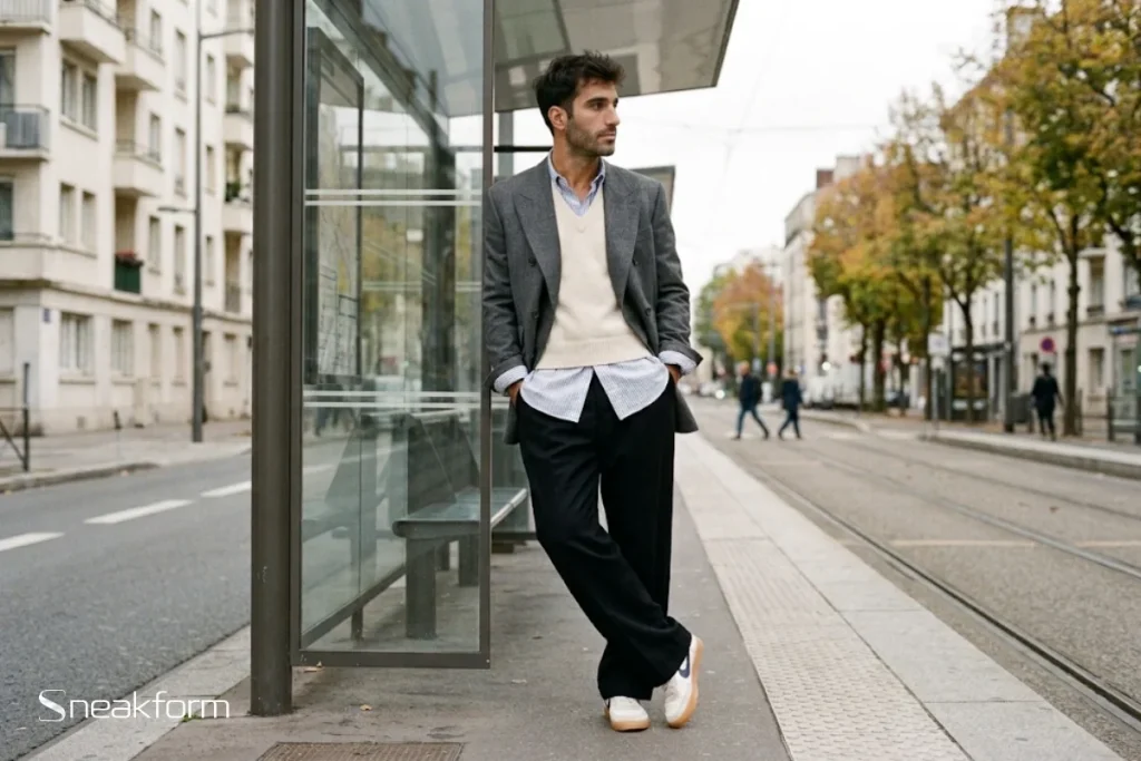 Look automne plein saison homme, blazer croisé gris chiné sur gilet sans manches écru et chemise rayée sortie, pantalon large à plis noir, Nike Killshot 2 blanches et marine, arrêt de tram en ville.