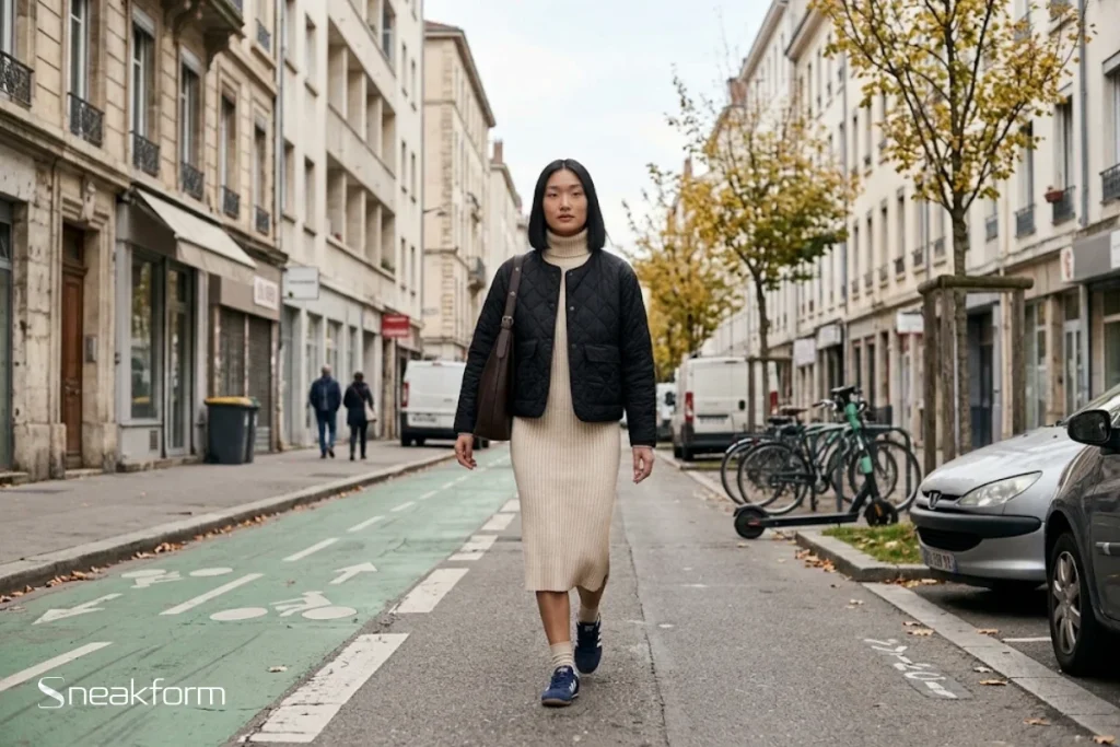 Look automne plein saison, femme en robe midi en maille côtelée écru à col roulé sous veste matelassée noire, sac en cuir chocolat, Adidas SL 72 bleu marine, rue de centre-ville le long d’une piste cyclable.