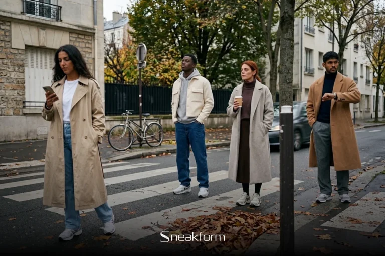 Look automne, quatre passants en tenues d’automne attendant sur un passage piéton, trench beige, surchemise crème sur hoodie gris, manteau long greige et manteau camel.