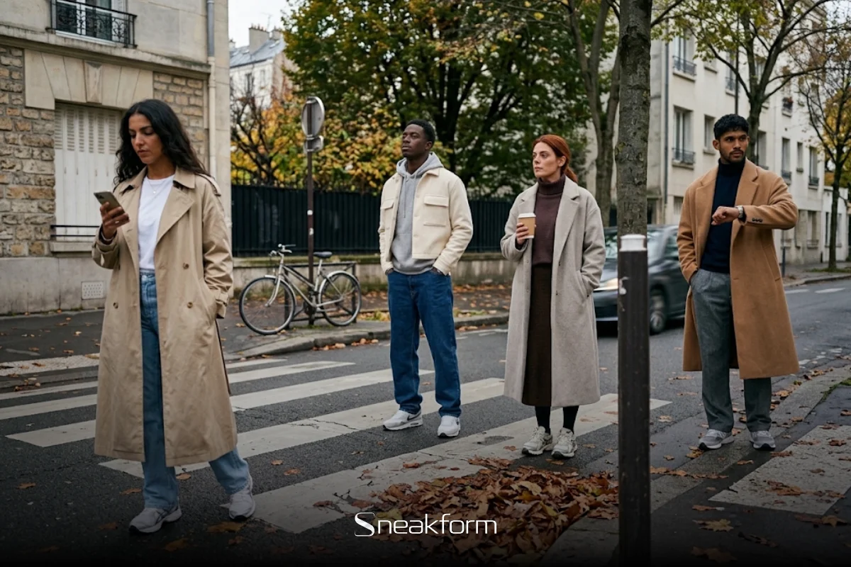 Look automne, quatre passants en tenues d’automne attendant sur un passage piéton, trench beige, surchemise crème sur hoodie gris, manteau long greige et manteau camel.