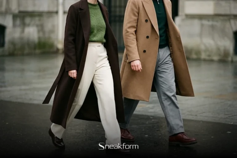 Mode automne-hiver 2026, duo homme et femme en manteaux chocolat et camel, mailles vertes, pantalons larges et chaussures en cuir brun sur un trottoir de Paris.