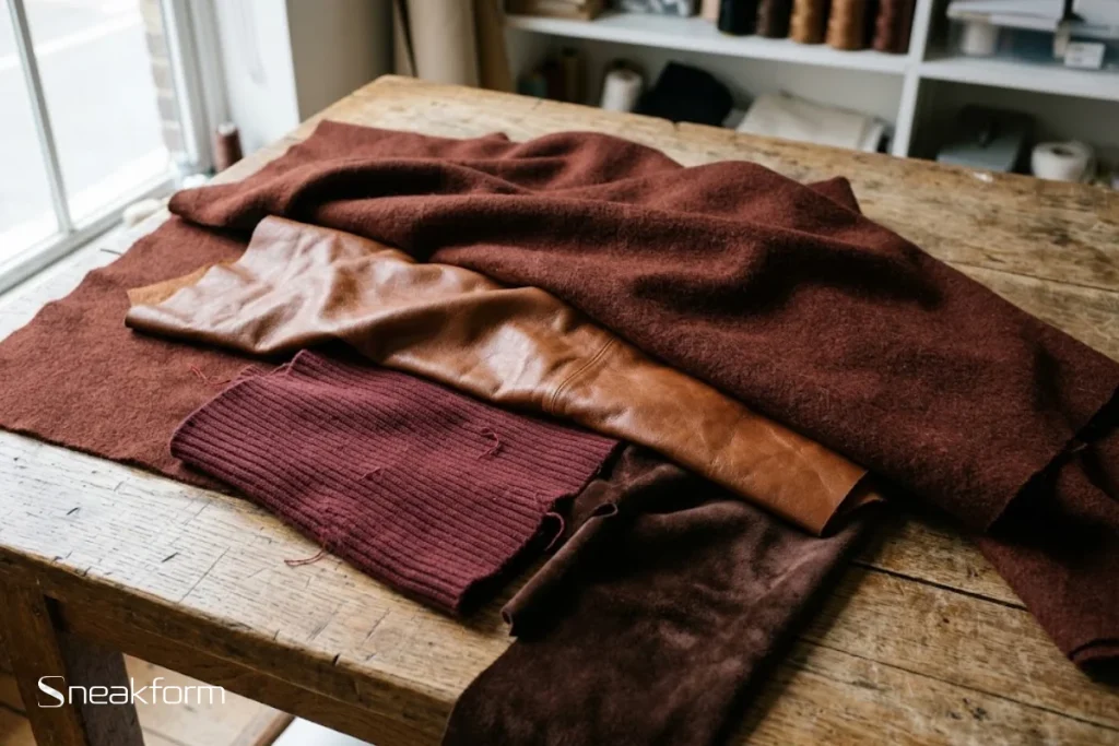 Couleurs tendance automne-hiver 2026, matières en brun acajou, cuir cognac, maille bordeaux et daim chocolat.