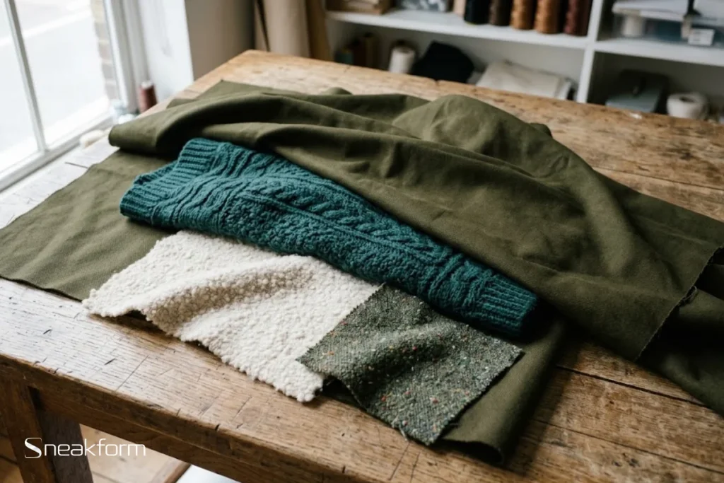 Couleurs tendance automne-hiver 2026, matières en vert olive, maille vert canard, bouclette blanc cassé et tweed vert mousse.