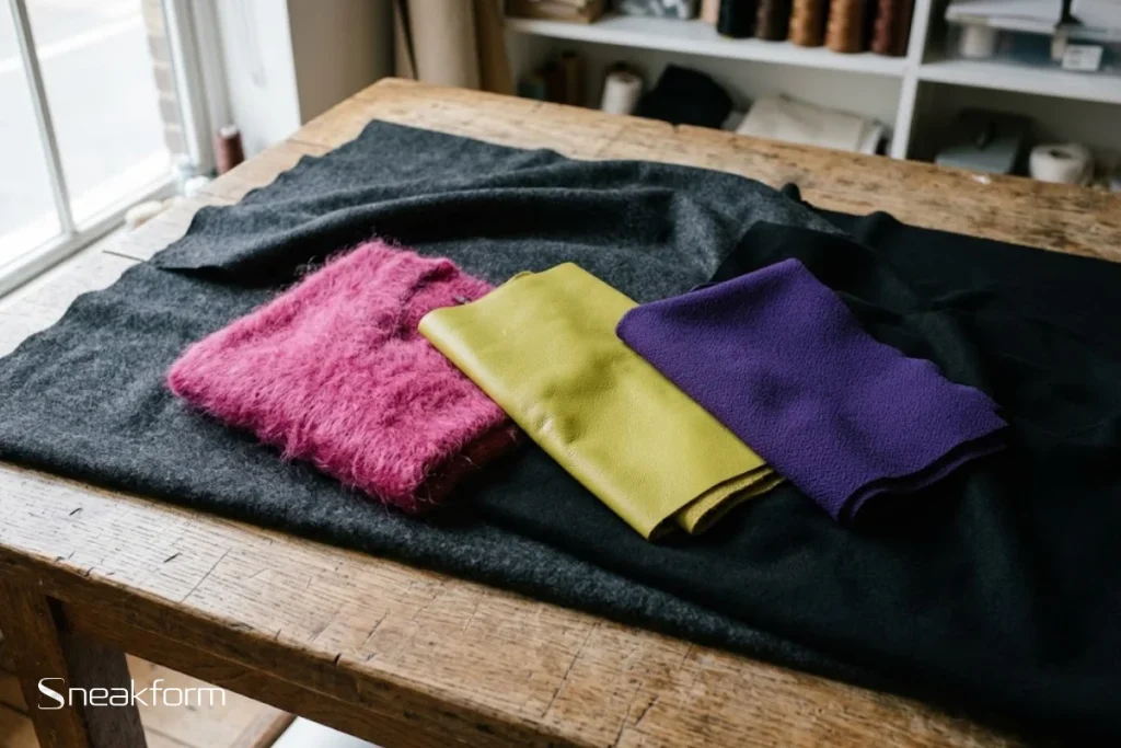 Accents de couleur automne-hiver 2026, mohair fuchsia, cuir jaune acacia et crêpe violet sur flanelle grise.