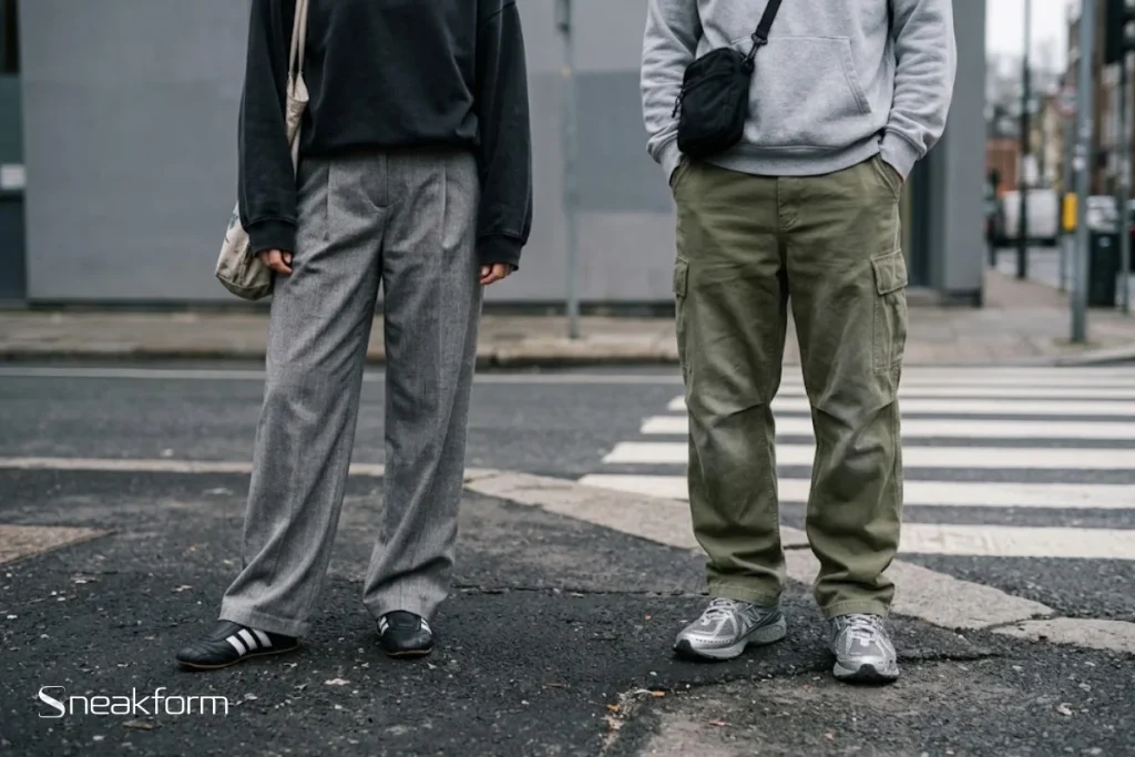 Pantalon tendance automne-hiver 2026, pantalon large à pinces gris chiné avec sneakers fines noires et cargo olive avec sneakers running argentées dans la rue.