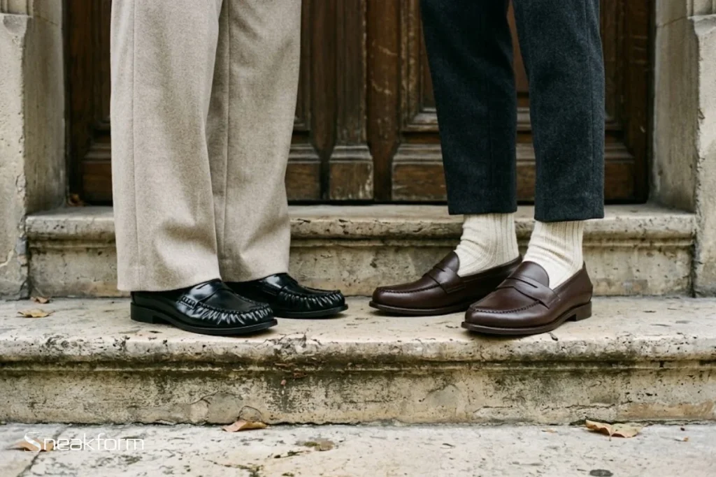 Mocassins tendance hiver 2026-2027, mocassins vernis noirs sous un pantalon large beige et penny loafers bruns avec chaussettes en laine écrue sur des marches en pierre.