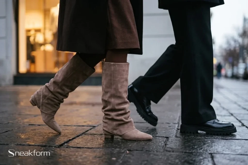 Chaussures tendance hiver 2026-2027, bottes hautes en daim taupe à bout pointu et derbies noirs à semelle épaisse sur des pavés mouillés.