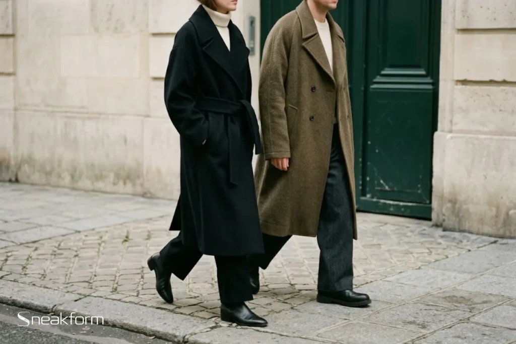 Tendance manteau hiver 2026, manteau oversize ceinturé noir et manteau croisé en laine brossée brun olive sur un trottoir de Paris.