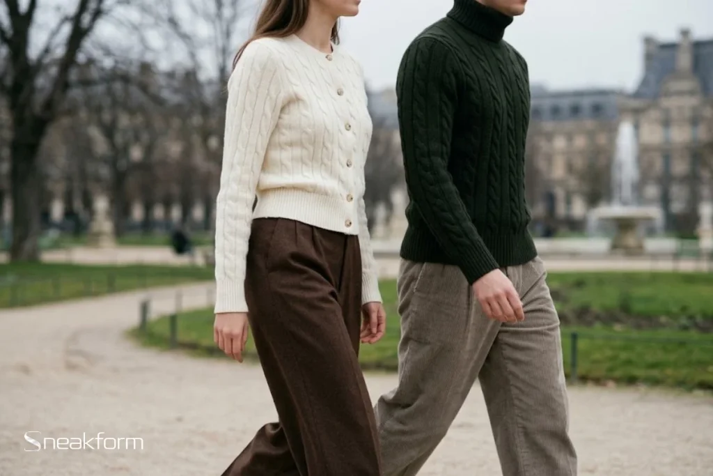 Maille tendance automne-hiver 2026, cardigan à torsades crème et col roulé à torsades vert forêt portés dans un jardin de Paris.